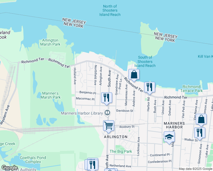 map of restaurants, bars, coffee shops, grocery stores, and more near 85 South Avenue in Staten Island