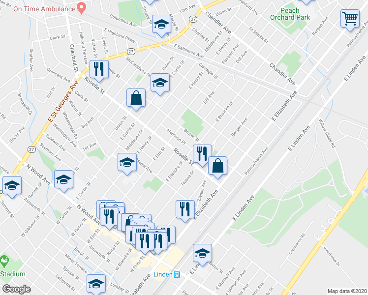 map of restaurants, bars, coffee shops, grocery stores, and more near 613 East Blancke Street in Linden