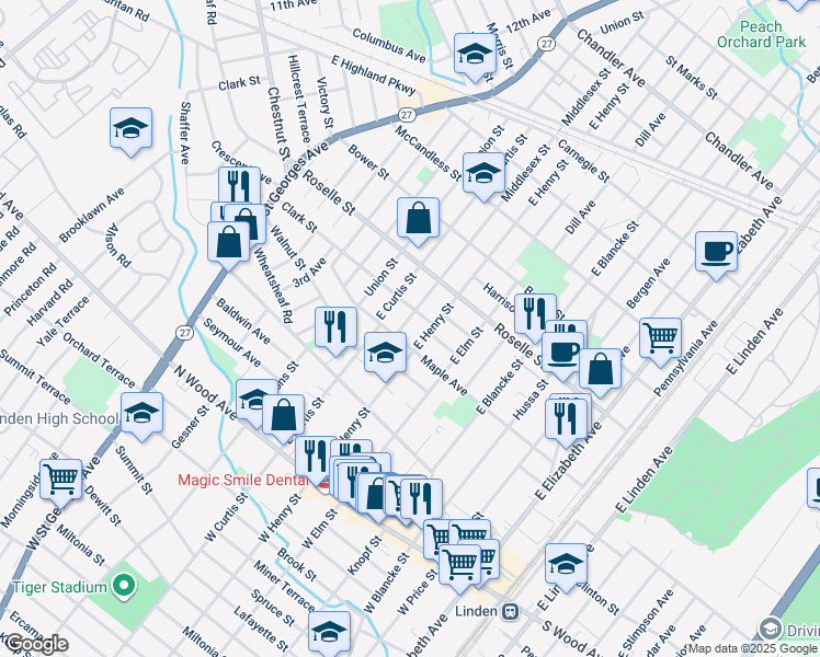 map of restaurants, bars, coffee shops, grocery stores, and more near 511 East Henry Street in Linden