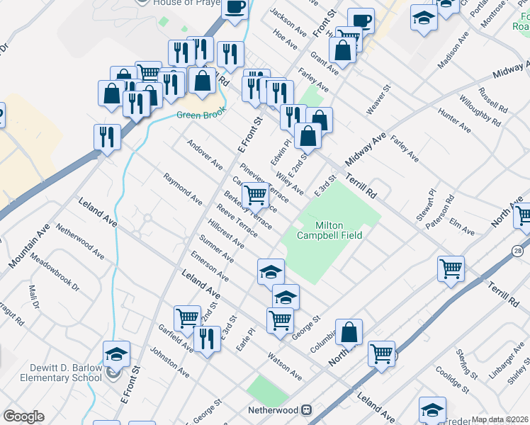map of restaurants, bars, coffee shops, grocery stores, and more near 1336 East 2nd Street in Plainfield
