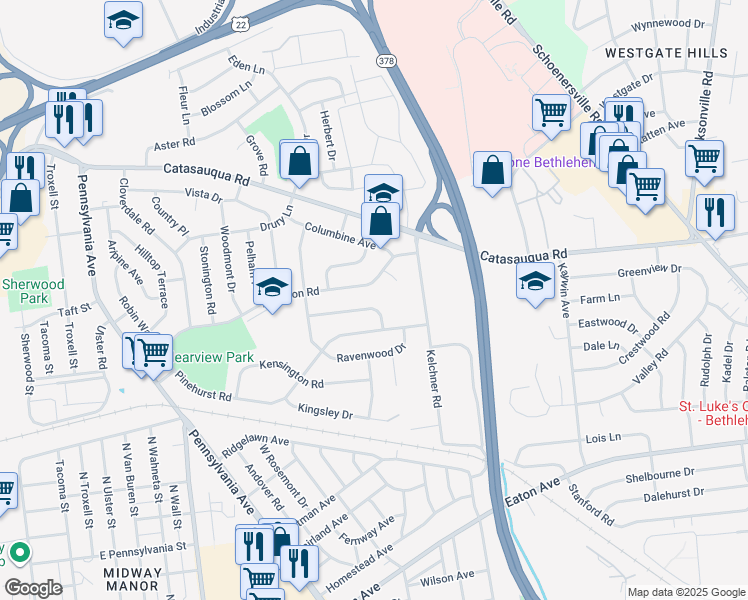 map of restaurants, bars, coffee shops, grocery stores, and more near 1932 Collingswood Drive in Bethlehem
