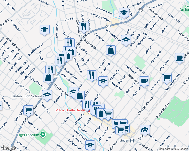 map of restaurants, bars, coffee shops, grocery stores, and more near 724 Walnut Street in Linden