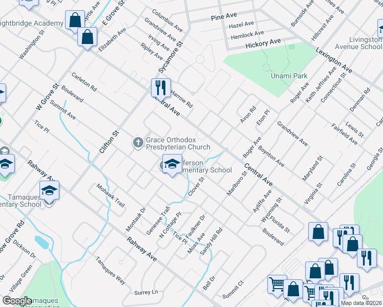 map of restaurants, bars, coffee shops, grocery stores, and more near 3 Manchester Drive in Westfield