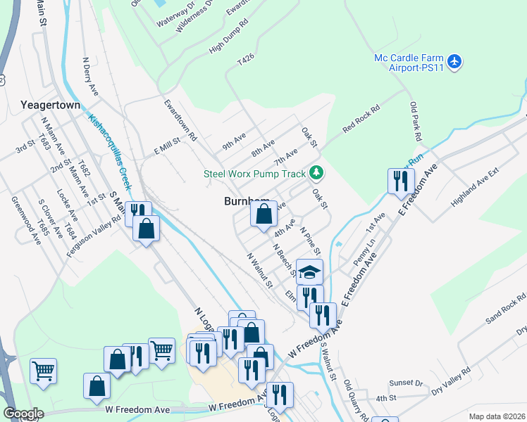 map of restaurants, bars, coffee shops, grocery stores, and more near in Burnham