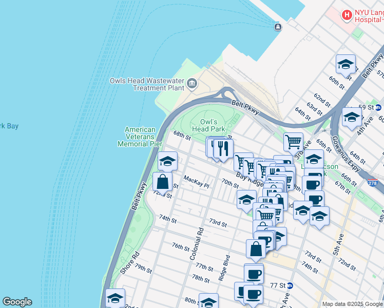 map of restaurants, bars, coffee shops, grocery stores, and more near 6833 Narrows Avenue in Brooklyn