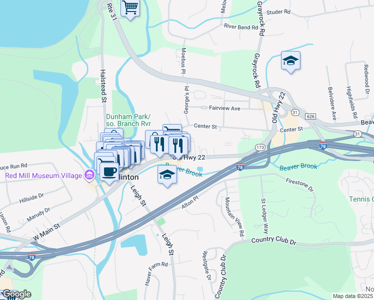 map of restaurants, bars, coffee shops, grocery stores, and more near 100 Ida Seals Drive in Clinton