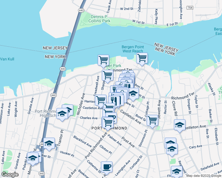 map of restaurants, bars, coffee shops, grocery stores, and more near 112 Faber Street in Staten Island