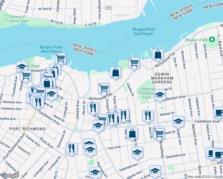 map of restaurants, bars, coffee shops, grocery stores, and more near 1741 Richmond Terrace in Staten Island