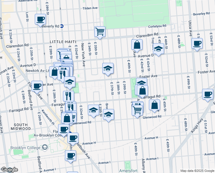map of restaurants, bars, coffee shops, grocery stores, and more near 1405 Brooklyn Avenue in Brooklyn