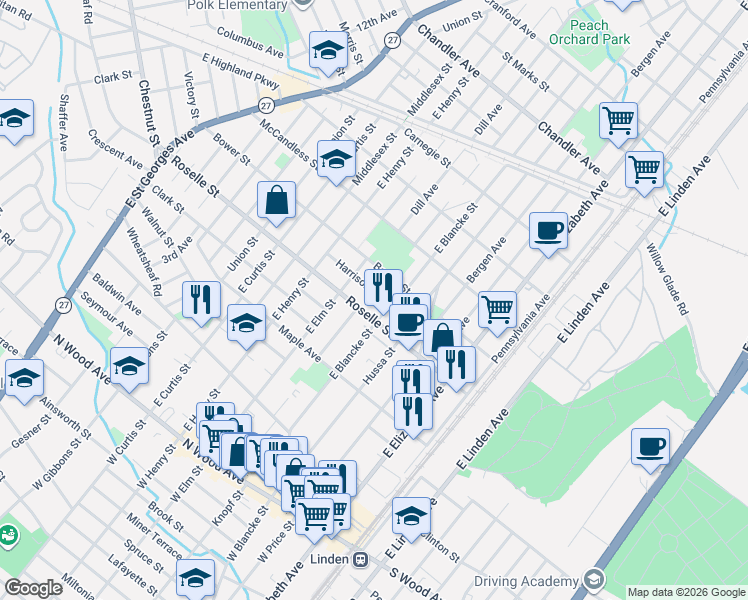 map of restaurants, bars, coffee shops, grocery stores, and more near 613 East Blancke Street in Linden