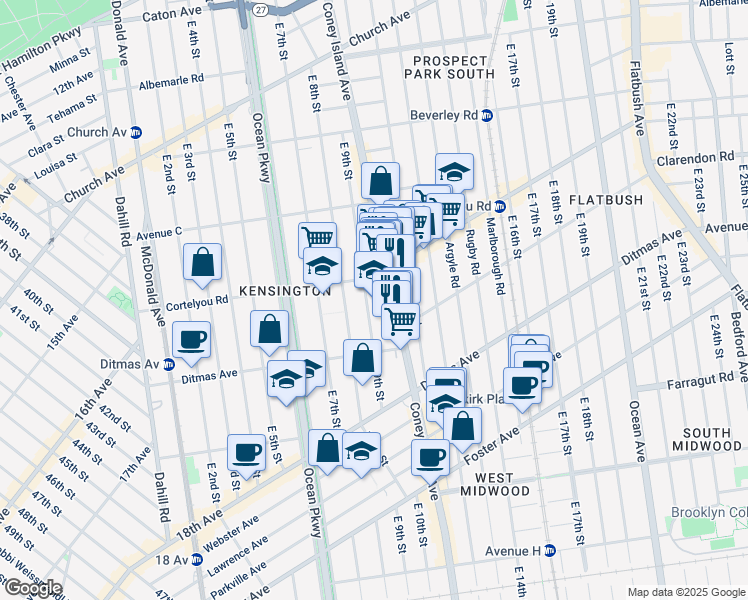 map of restaurants, bars, coffee shops, grocery stores, and more near 425 East 9th Street in Brooklyn