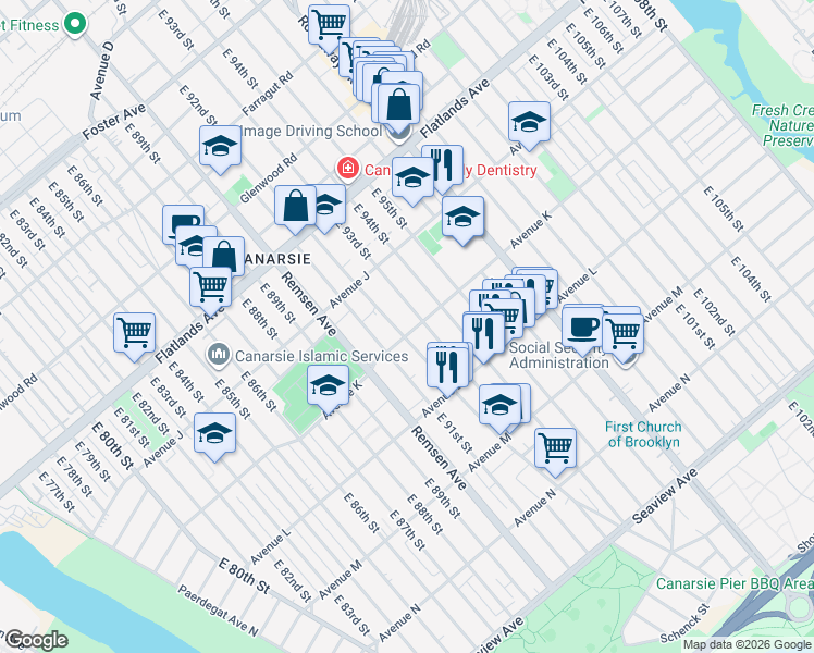 map of restaurants, bars, coffee shops, grocery stores, and more near 9208 Avenue K in Brooklyn