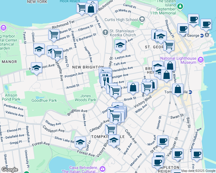map of restaurants, bars, coffee shops, grocery stores, and more near 363 York Avenue in Staten Island