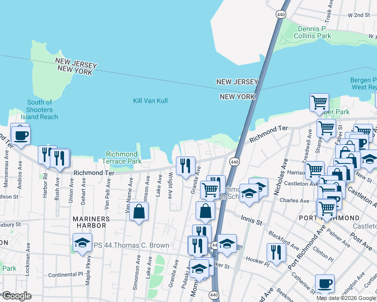 map of restaurants, bars, coffee shops, grocery stores, and more near 2589 Richmond Terrace in Staten Island