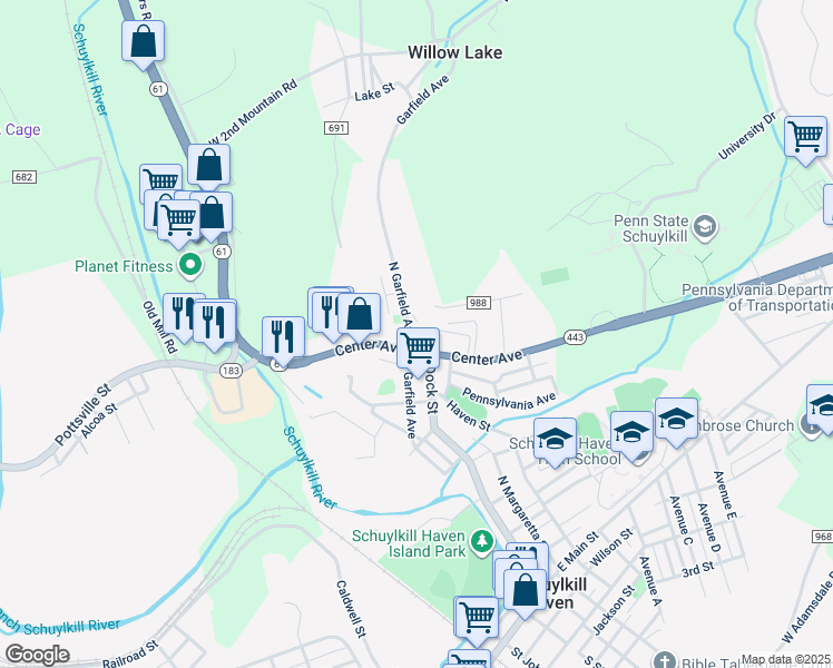 map of restaurants, bars, coffee shops, grocery stores, and more near 620 North Garfield Avenue in Schuylkill Haven