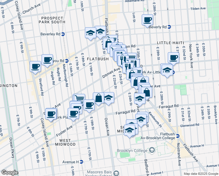 map of restaurants, bars, coffee shops, grocery stores, and more near 2101 Newkirk Avenue in Brooklyn