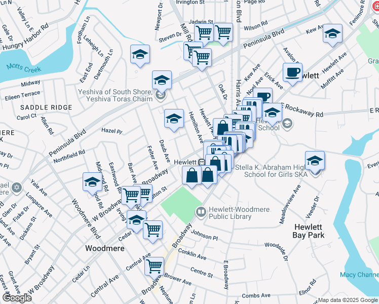 map of restaurants, bars, coffee shops, grocery stores, and more near 1175 West Broadway in Hewlett