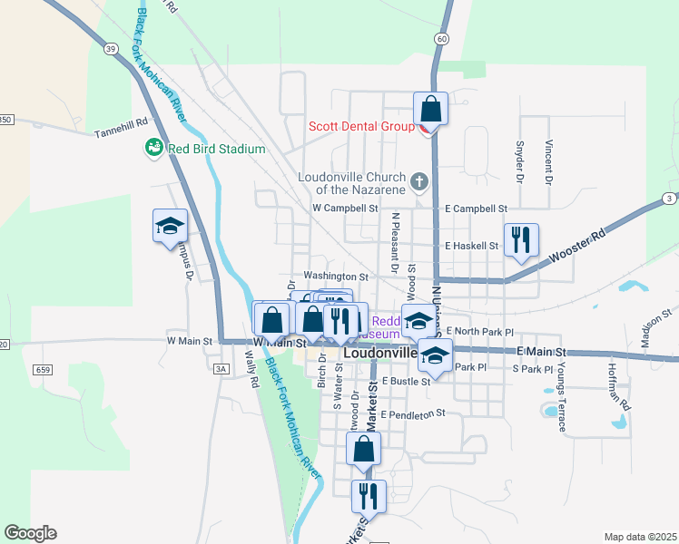 map of restaurants, bars, coffee shops, grocery stores, and more near 303 North Water Street in Loudonville