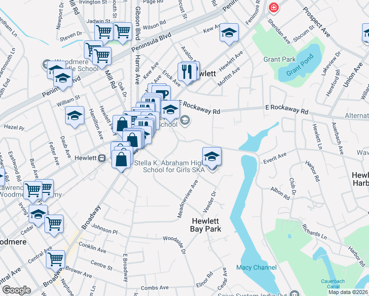 map of restaurants, bars, coffee shops, grocery stores, and more near 115 Everit Avenue in Hewlett