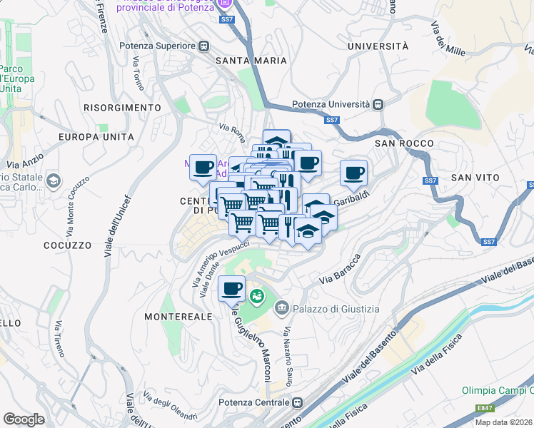 map of restaurants, bars, coffee shops, grocery stores, and more near 28 Corso Giuseppe Garibaldi in Potenza