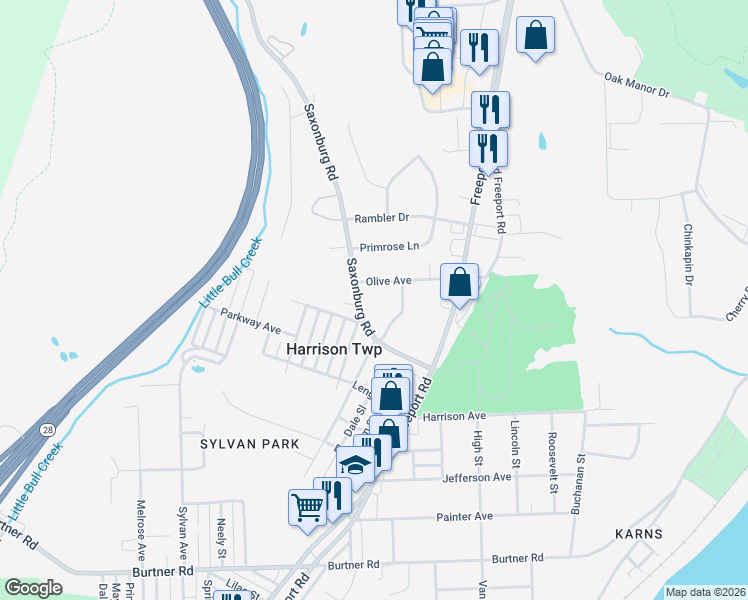 map of restaurants, bars, coffee shops, grocery stores, and more near 1212 Saxonburg Road in Natrona Heights