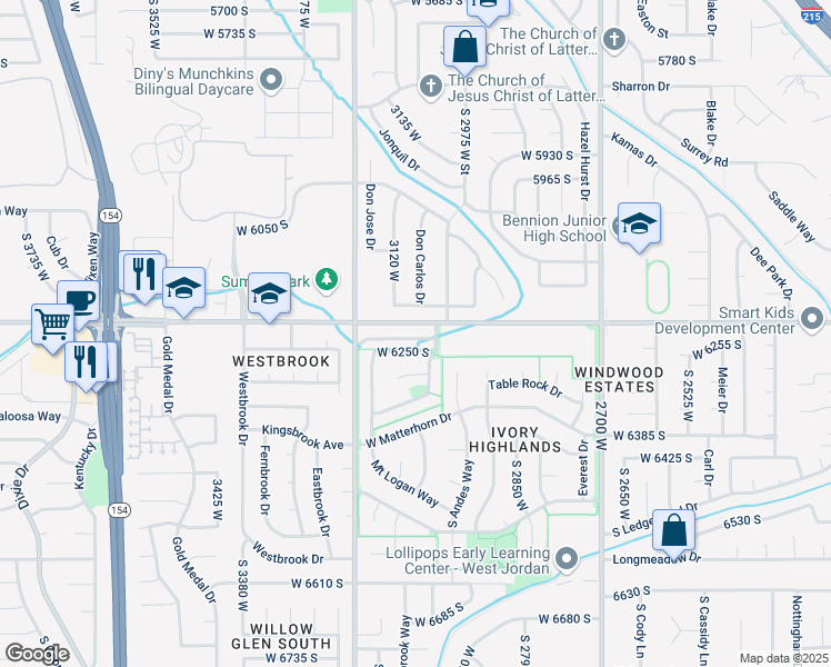 map of restaurants, bars, coffee shops, grocery stores, and more near 3082 Bald Mountain Drive in West Jordan