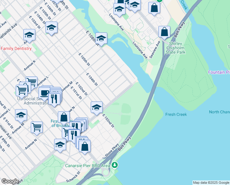 map of restaurants, bars, coffee shops, grocery stores, and more near 1483 East 105th Street in Brooklyn