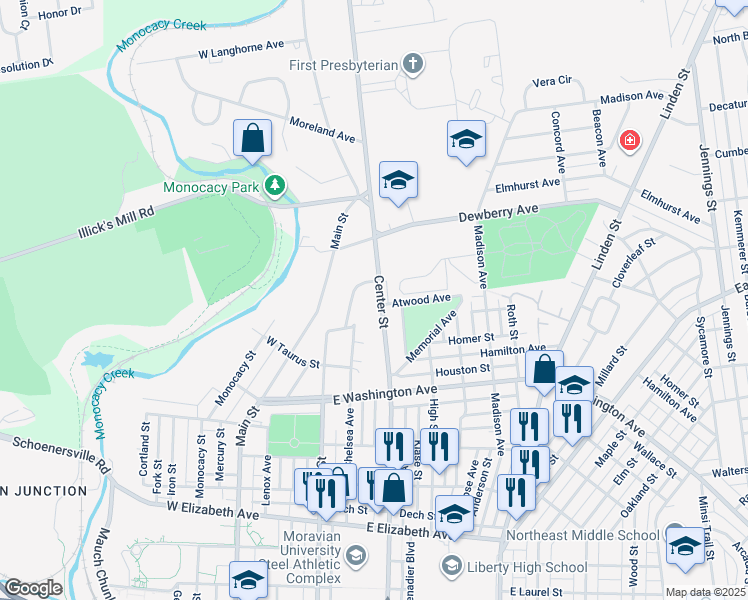 map of restaurants, bars, coffee shops, grocery stores, and more near 1805 Center Street in Bethlehem