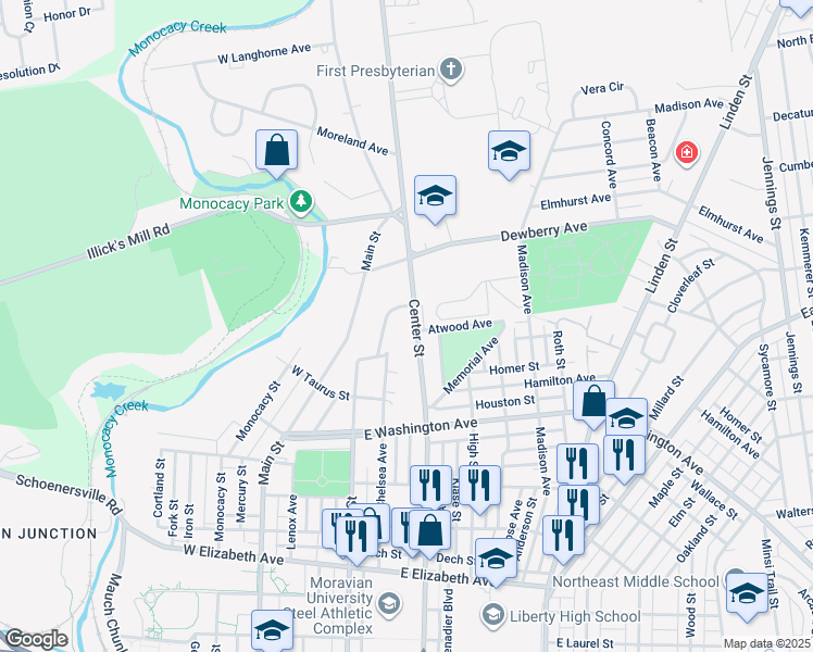 map of restaurants, bars, coffee shops, grocery stores, and more near 1805 Center Street in Bethlehem