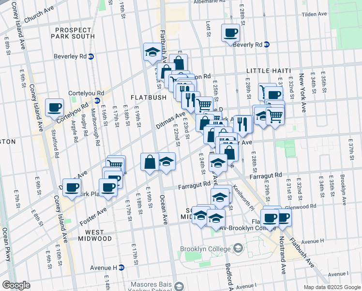 map of restaurants, bars, coffee shops, grocery stores, and more near 573 East 22nd Street in Brooklyn