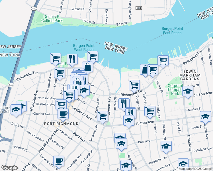 map of restaurants, bars, coffee shops, grocery stores, and more near 1933 Richmond Terrace in Staten Island