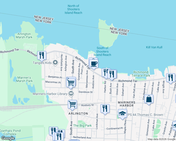 map of restaurants, bars, coffee shops, grocery stores, and more near 3104 Richmond Terrace in Staten Island