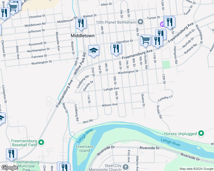 map of restaurants, bars, coffee shops, grocery stores, and more near 1611 4th Street in Bethlehem