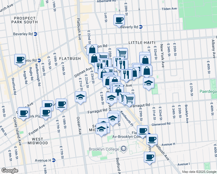 map of restaurants, bars, coffee shops, grocery stores, and more near 1351 Flatbush Avenue in Brooklyn