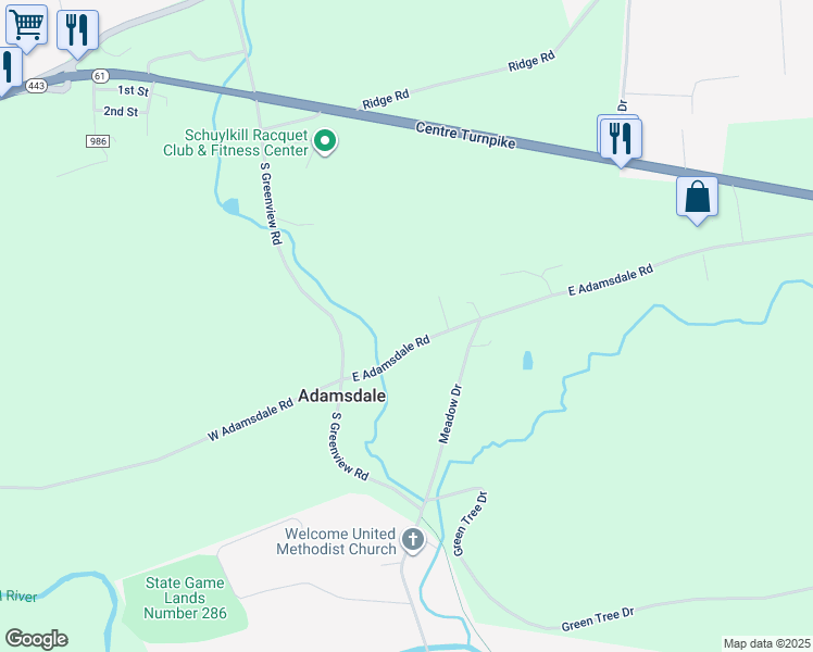 map of restaurants, bars, coffee shops, grocery stores, and more near 33 East Adamsdale Road in Orwigsburg