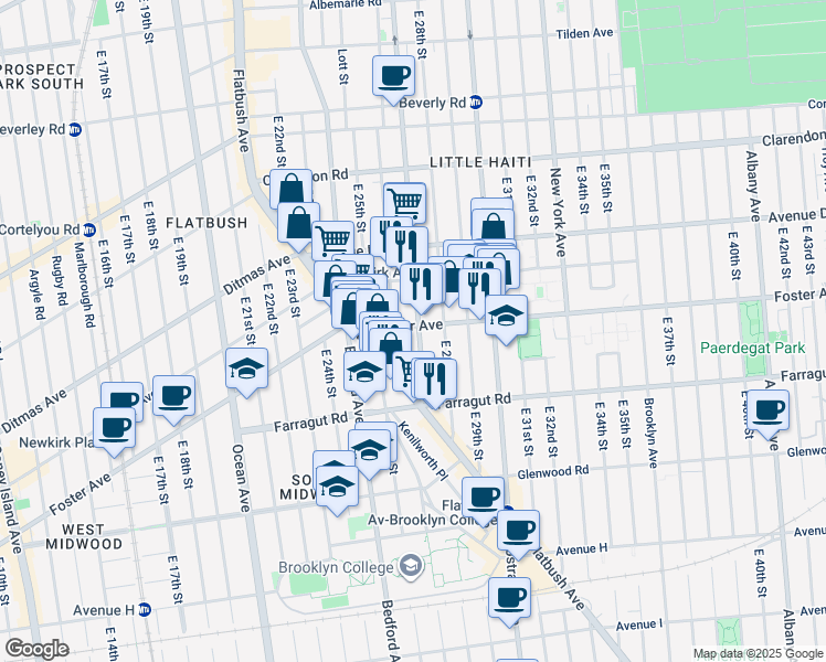map of restaurants, bars, coffee shops, grocery stores, and more near 1302 Rogers Avenue in Brooklyn