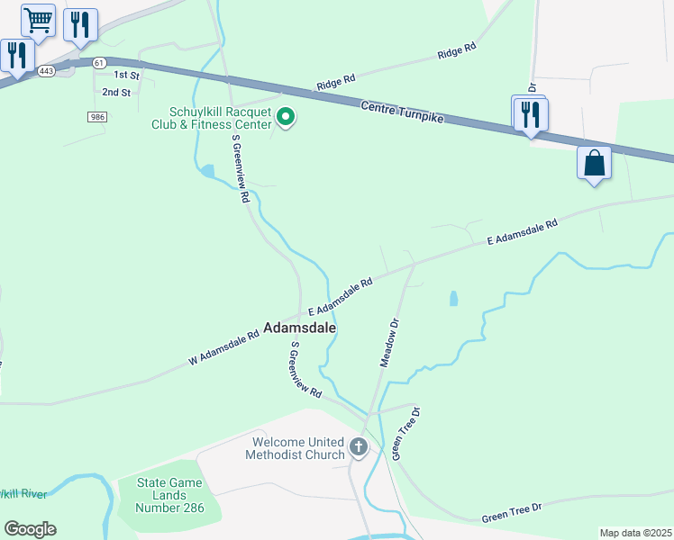 map of restaurants, bars, coffee shops, grocery stores, and more near 33 East Adamsdale Road in Orwigsburg