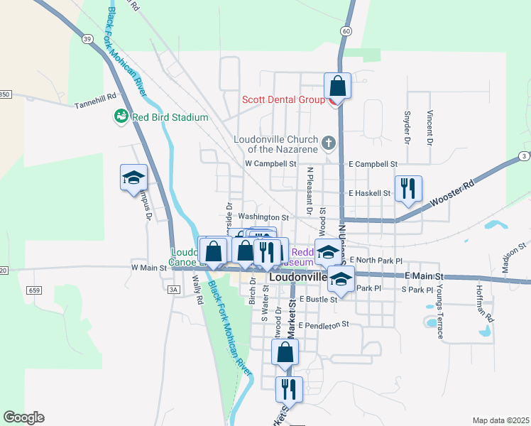 map of restaurants, bars, coffee shops, grocery stores, and more near 303 North Water Street in Loudonville