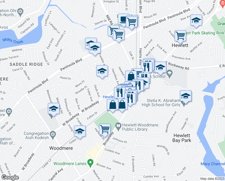 map of restaurants, bars, coffee shops, grocery stores, and more near 301 Franklin Avenue in Hewlett