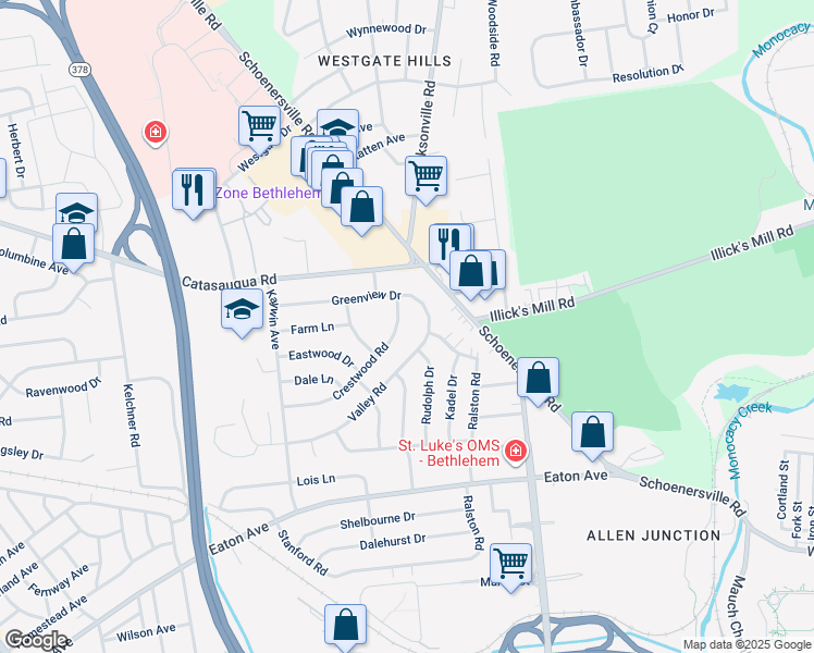 map of restaurants, bars, coffee shops, grocery stores, and more near 1335 Crestwood Road in Bethlehem