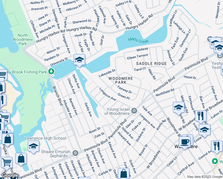 map of restaurants, bars, coffee shops, grocery stores, and more near 569 Green Place in Woodmere