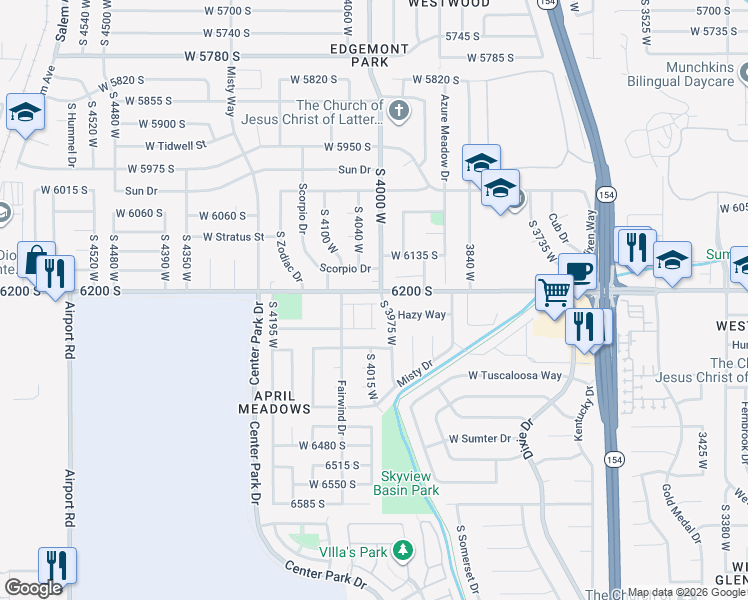 map of restaurants, bars, coffee shops, grocery stores, and more near 4004 Festivus Lane in West Jordan
