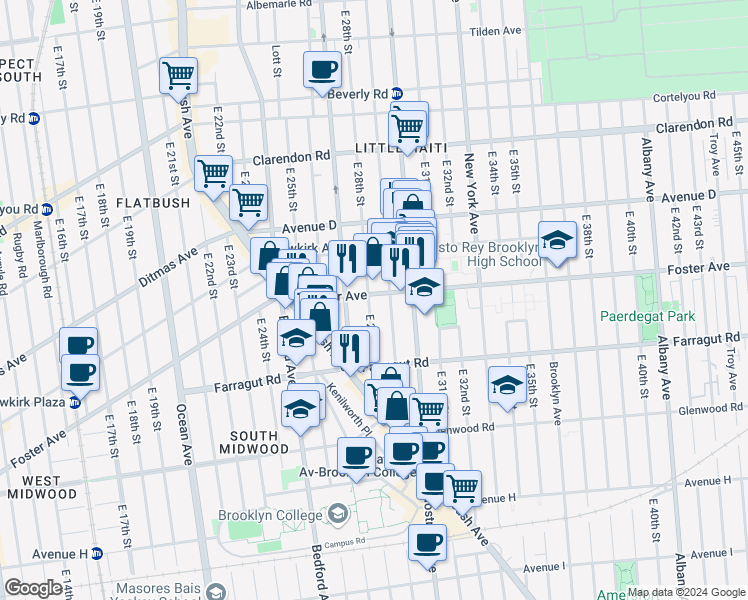 map of restaurants, bars, coffee shops, grocery stores, and more near 517 East 28th Street in Brooklyn