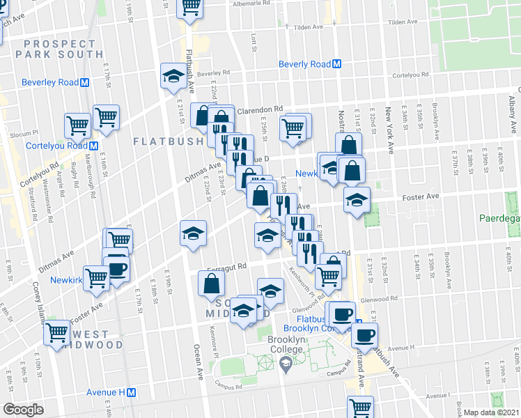 map of restaurants, bars, coffee shops, grocery stores, and more near 1351 Flatbush Avenue in Brooklyn