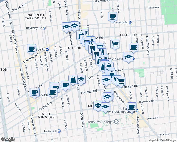 map of restaurants, bars, coffee shops, grocery stores, and more near 490 East 23rd Street in Brooklyn
