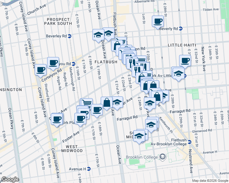 map of restaurants, bars, coffee shops, grocery stores, and more near 651 East 21st Street in Brooklyn