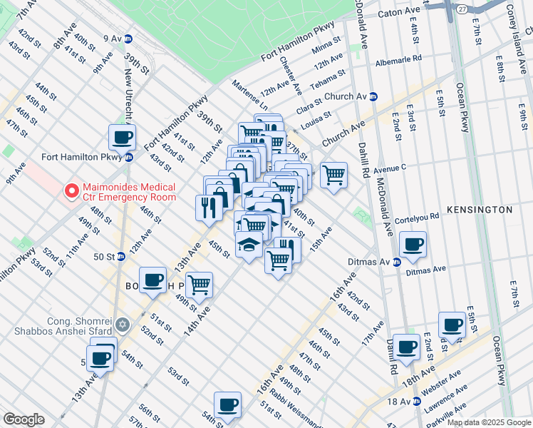 map of restaurants, bars, coffee shops, grocery stores, and more near 1373 42nd Street in Brooklyn