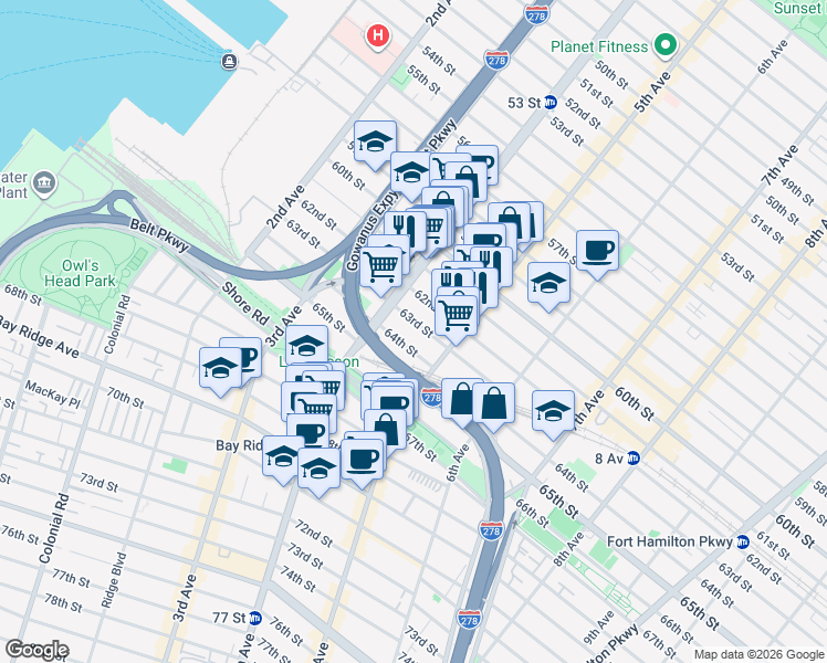 map of restaurants, bars, coffee shops, grocery stores, and more near 452 63rd Street in Brooklyn