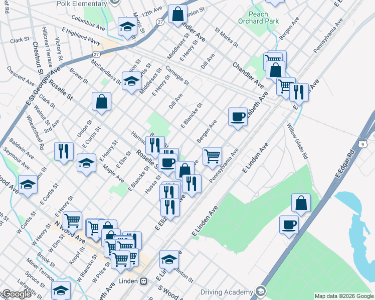 map of restaurants, bars, coffee shops, grocery stores, and more near 714 Bergen Avenue in Linden