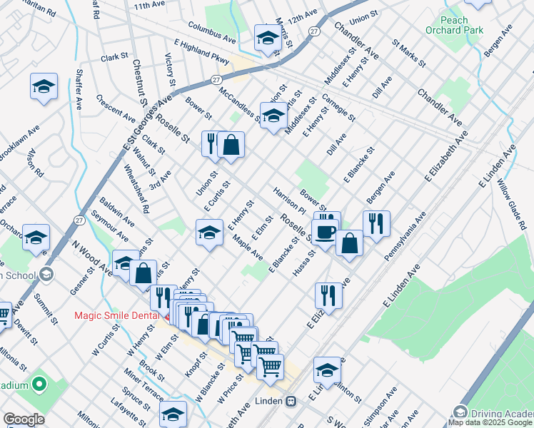 map of restaurants, bars, coffee shops, grocery stores, and more near 513 Stone Place in Linden